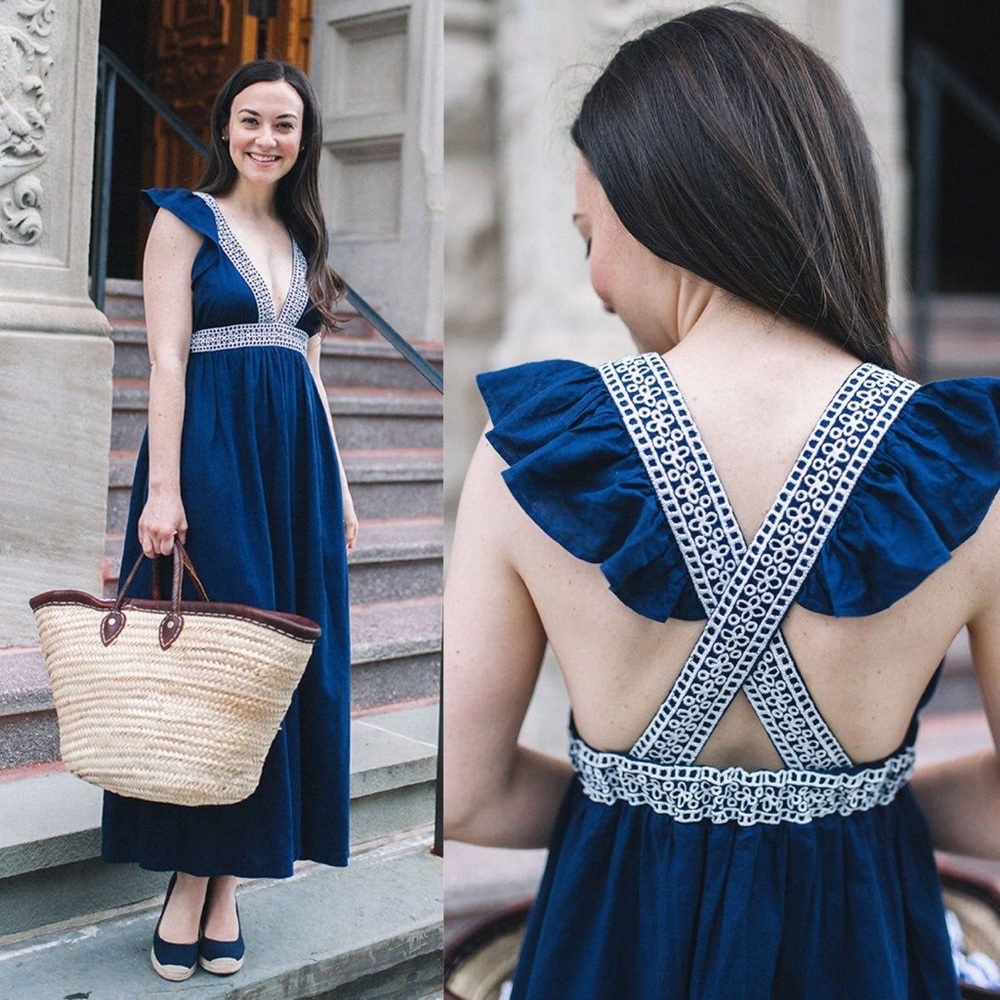 J Crew Maxi Dress - Navy with White Embroidery - LIKE NEW